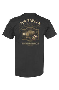 Tun Tavern tee in Black, back view: tavern sign with cask, lantern and drum, Philadelphia, November 10, 1775 &mdash; view 2