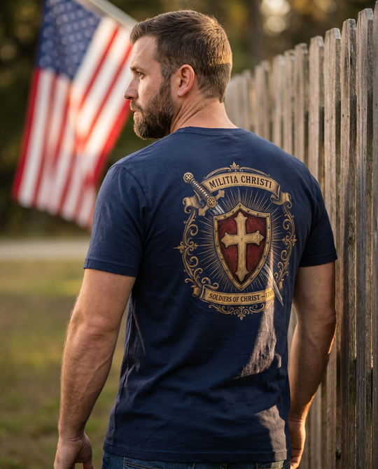 Militia Christi — Soldiers of Christ — American-made tee, worn back view