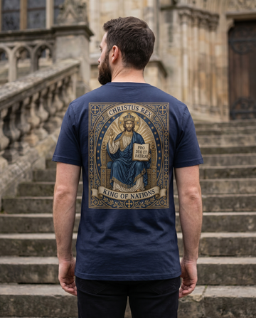 Christus Rex — King of Nations — American-made tee, worn back view