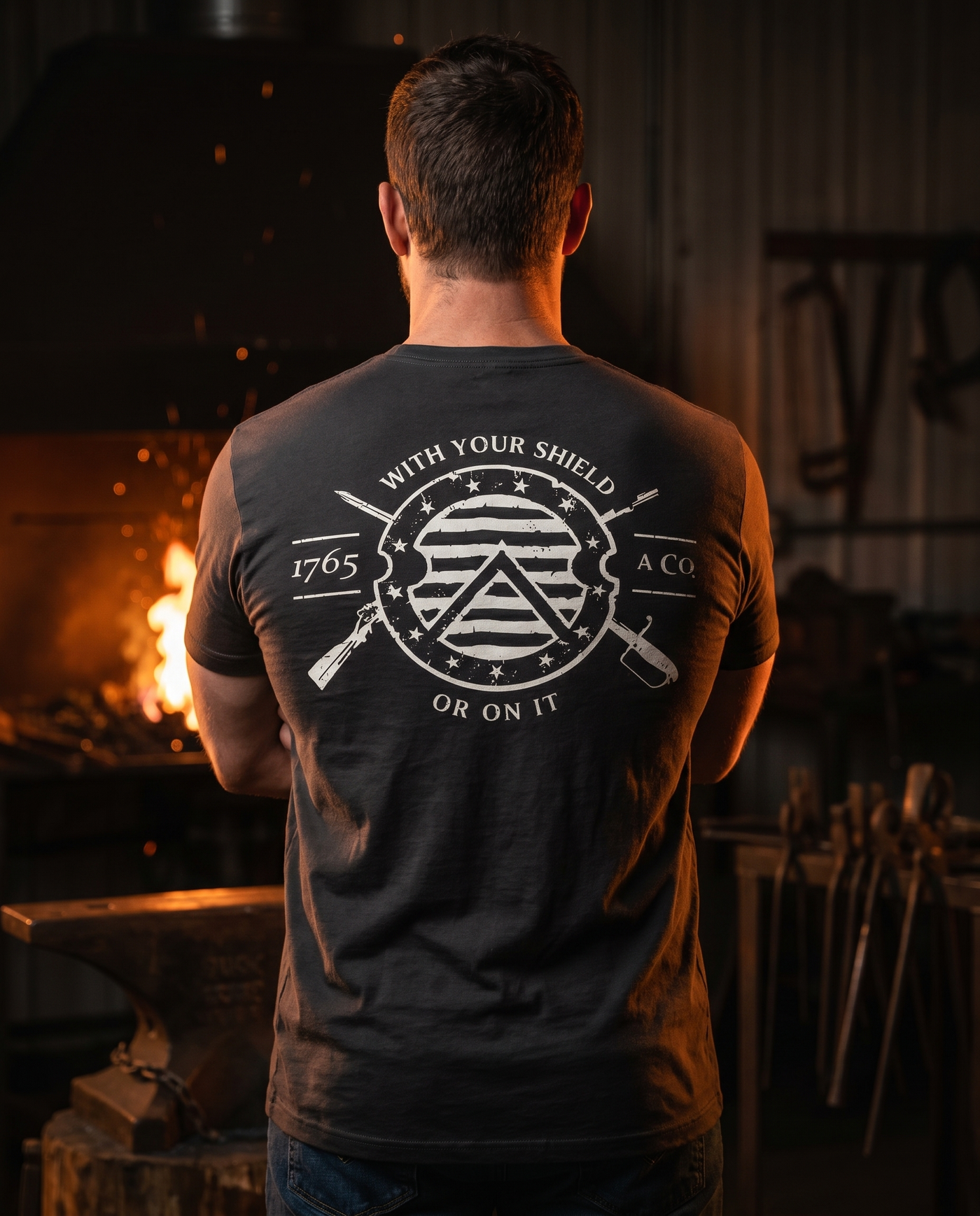With Your Shield, Or On It — A Co. — American-made tee, worn back view