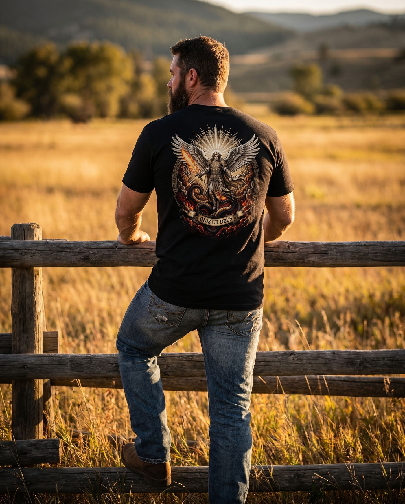 1765 Apparel — St. Michael, Quis ut Deus tee in Black, worn at a golden-hour split-rail fence