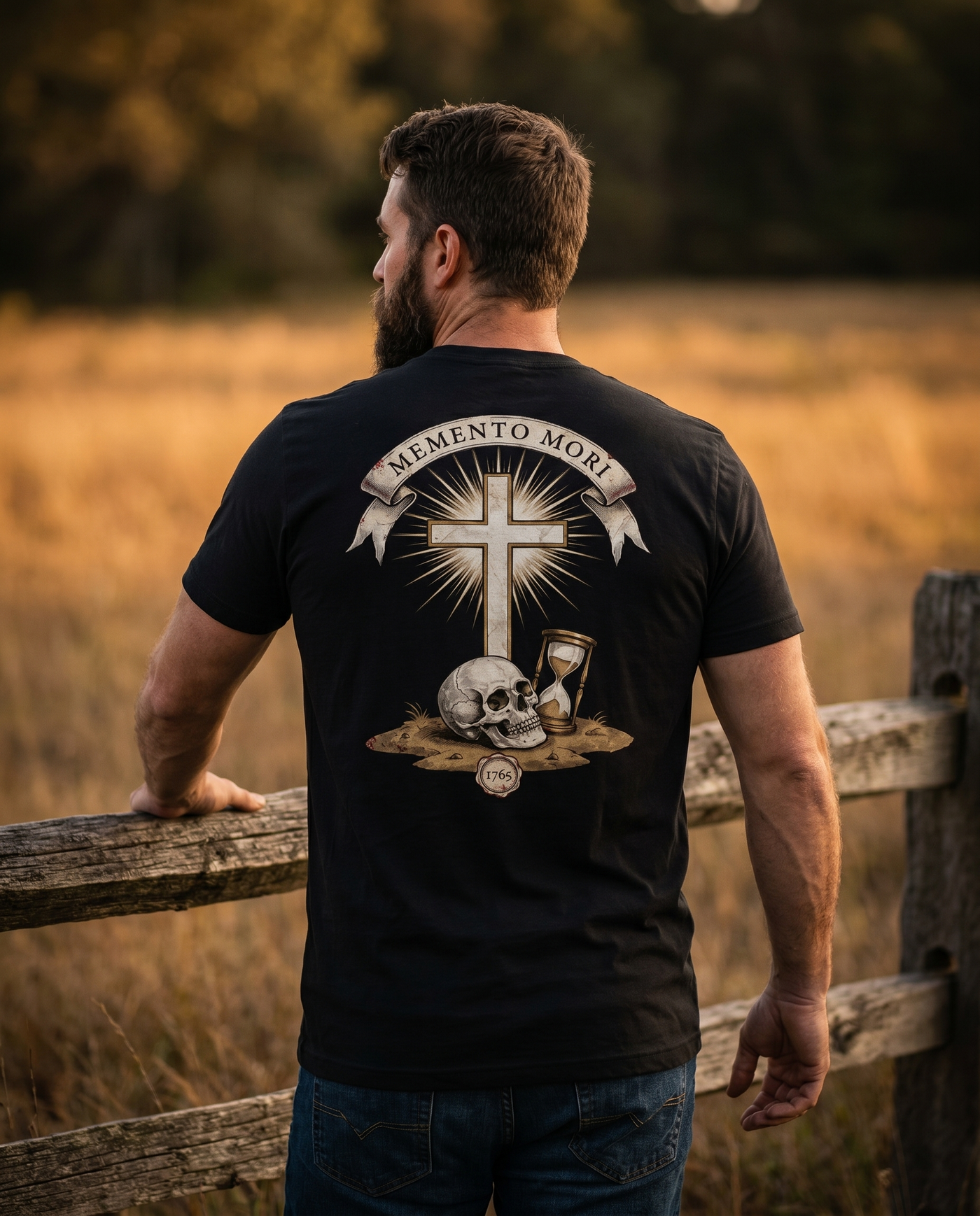 1765 Apparel — Memento Mori tee in Black, worn at a golden-hour split-rail fence