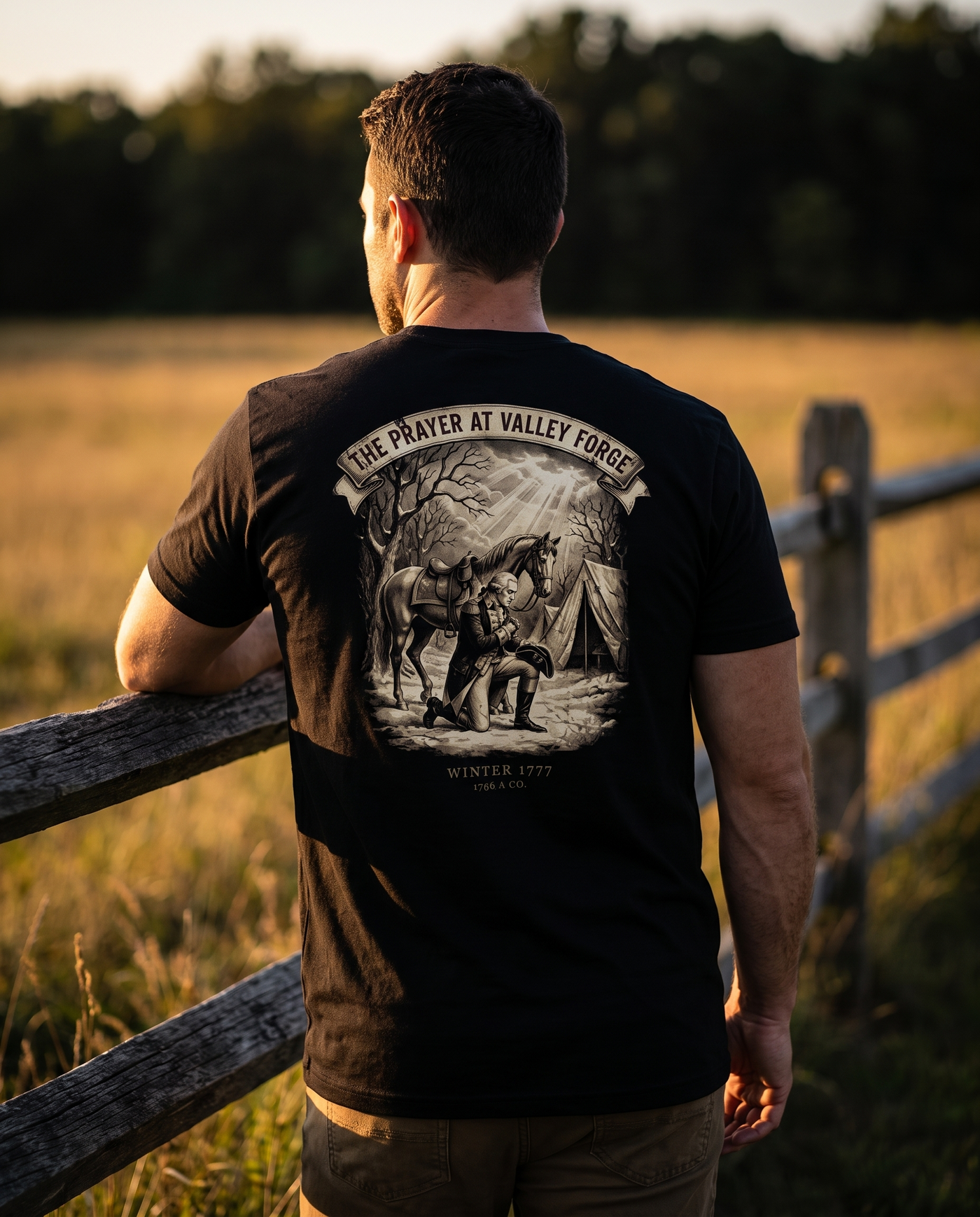 The Prayer at Valley Forge tee — black, lifestyle