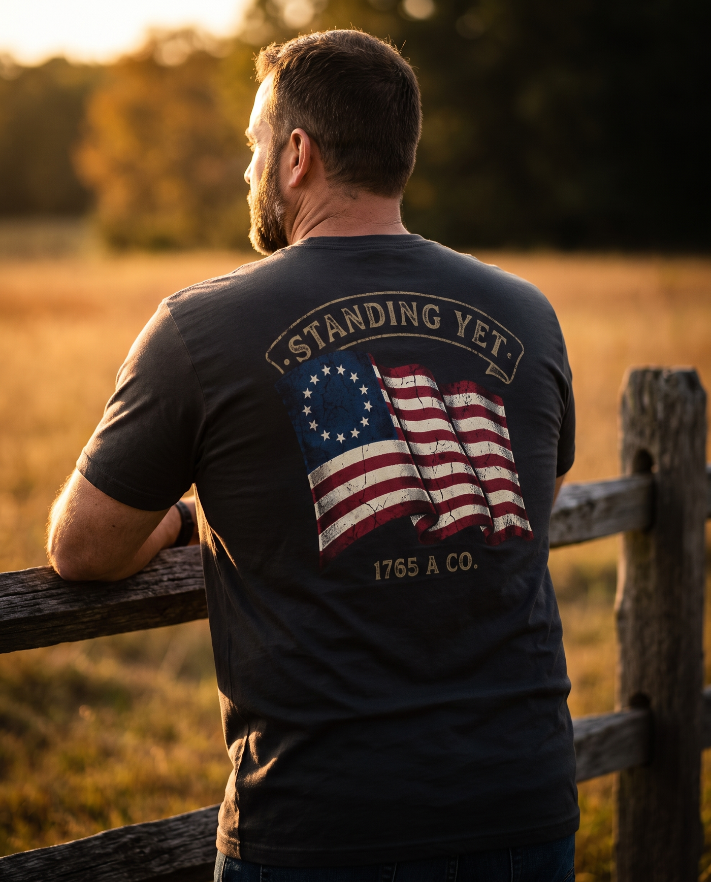 Standing Yet Betsy Ross flag tee — black, lifestyle