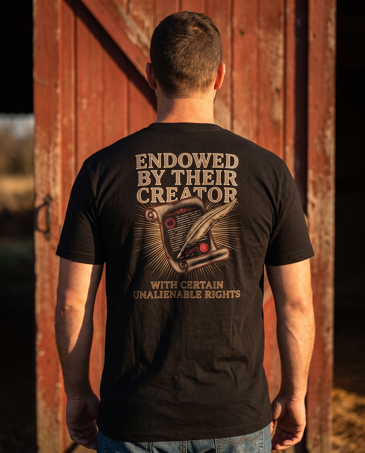 Man seen from behind wearing the tee: ENDOWED BY THEIR CREATOR over an engraved parchment and quill in gold rays