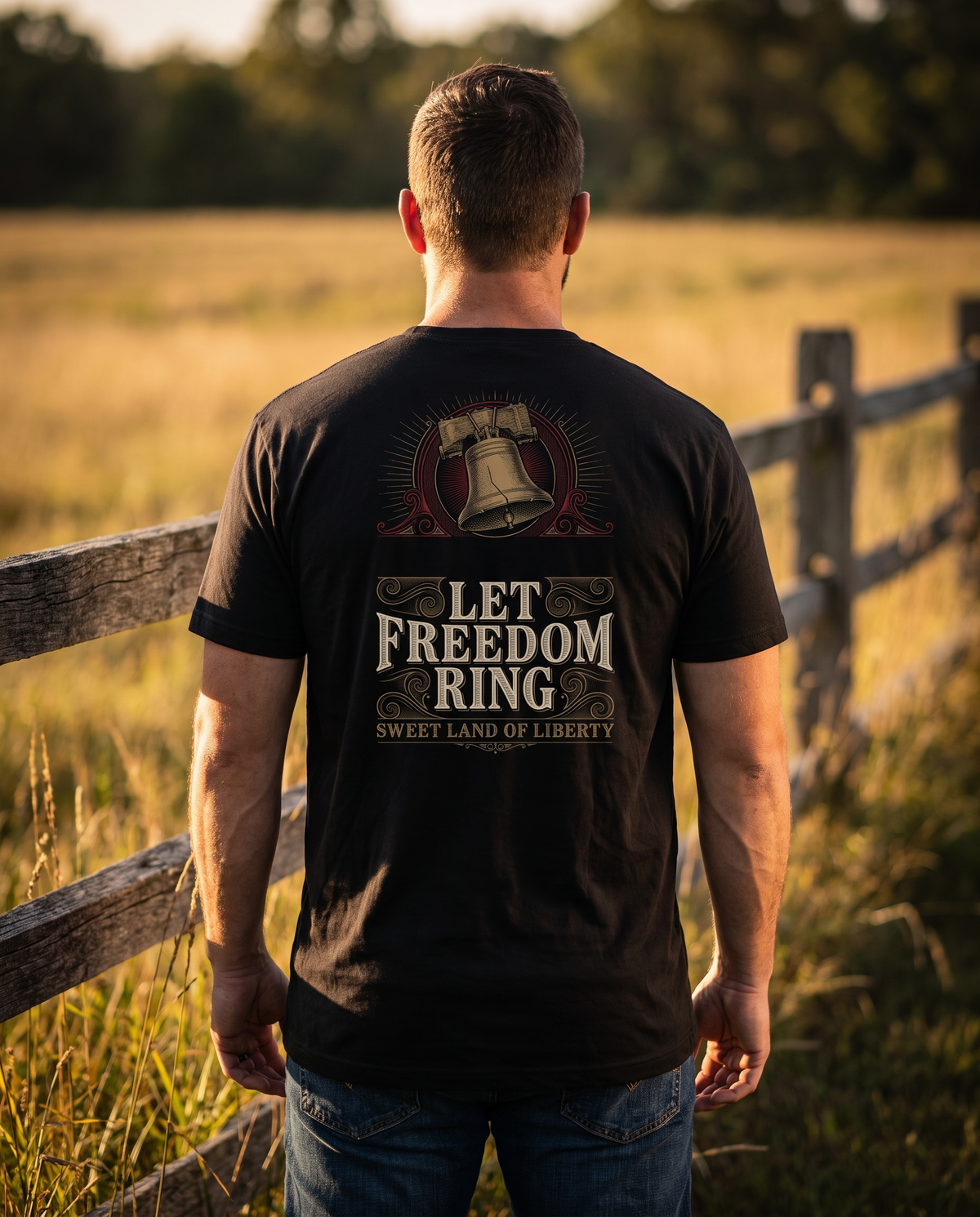 Man seen from behind wearing a tee with the engraved Liberty Bell and Let Freedom Ring, Sweet Land of Liberty back print