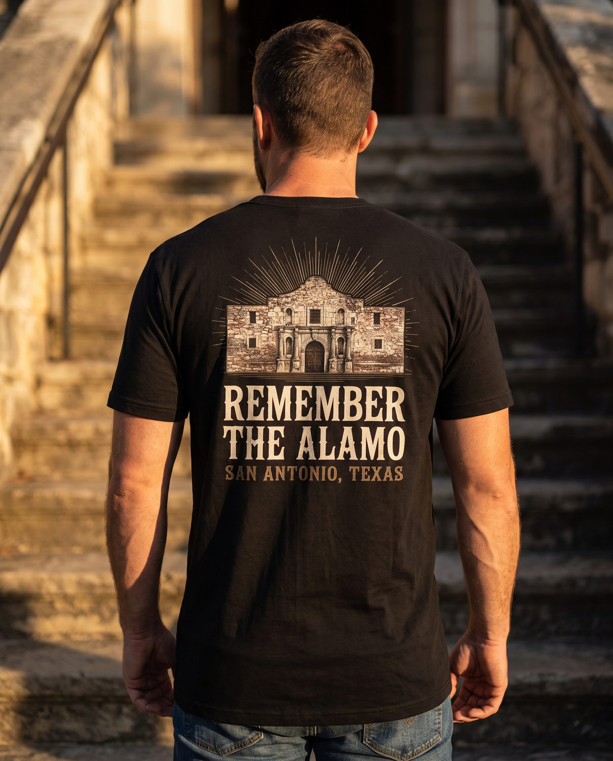 Man seen from behind wearing a tee with the engraved Alamo church facade over Remember the Alamo, San Antonio, Texas