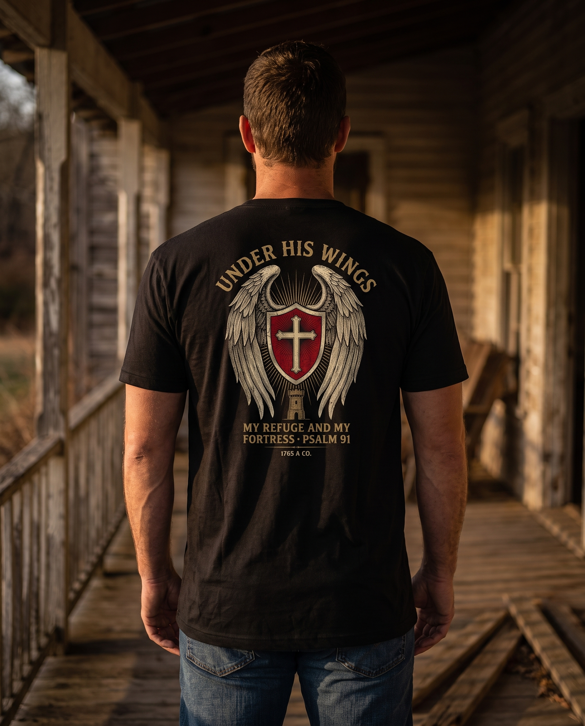 Man seen from behind wearing the tee: wings sheltering a cross shield above a watchtower, 'Under His Wings', Psalm 91