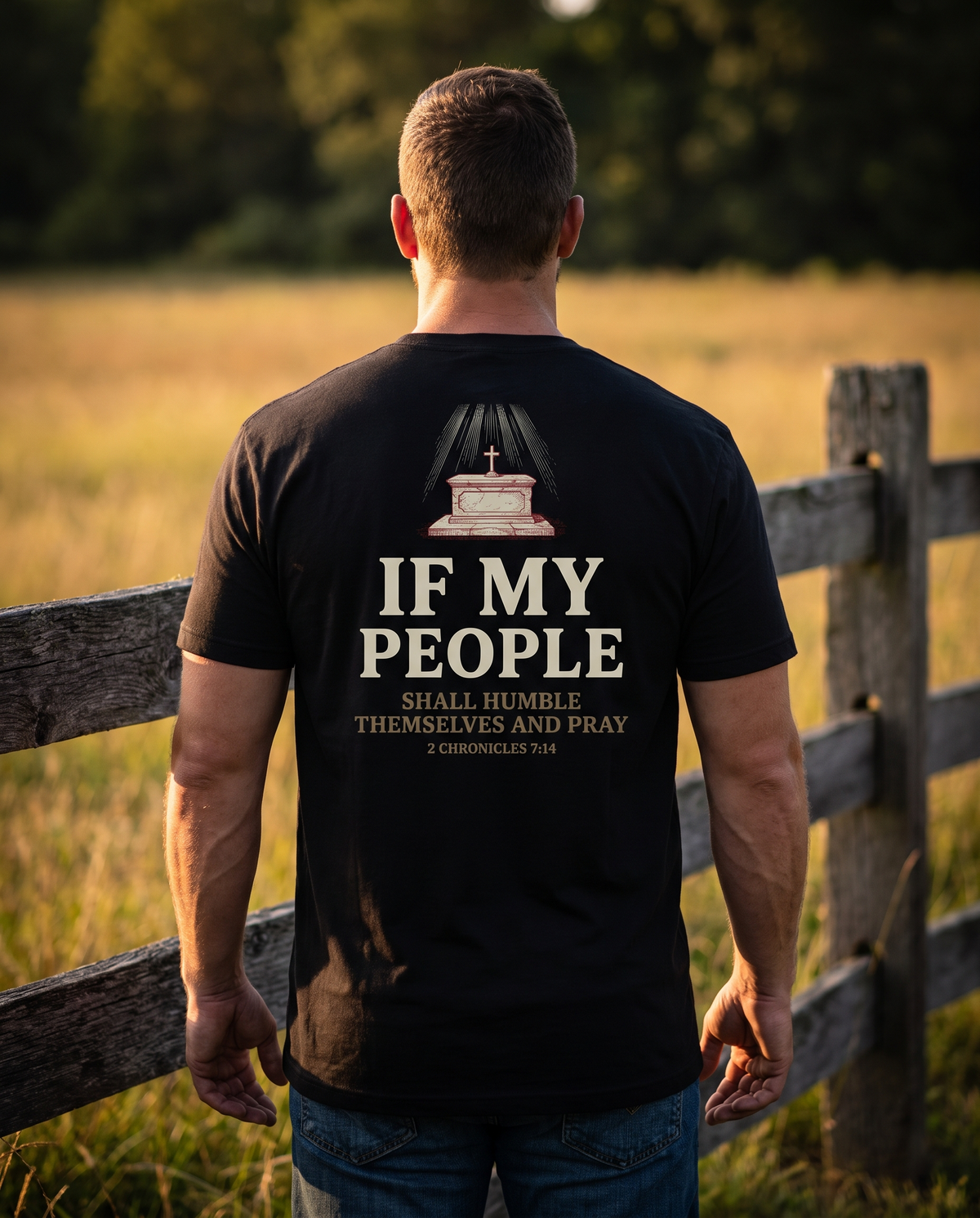 Man seen from behind wearing the tee: stone altar and cross under falling light over IF MY PEOPLE, 2 Chronicles 7:14