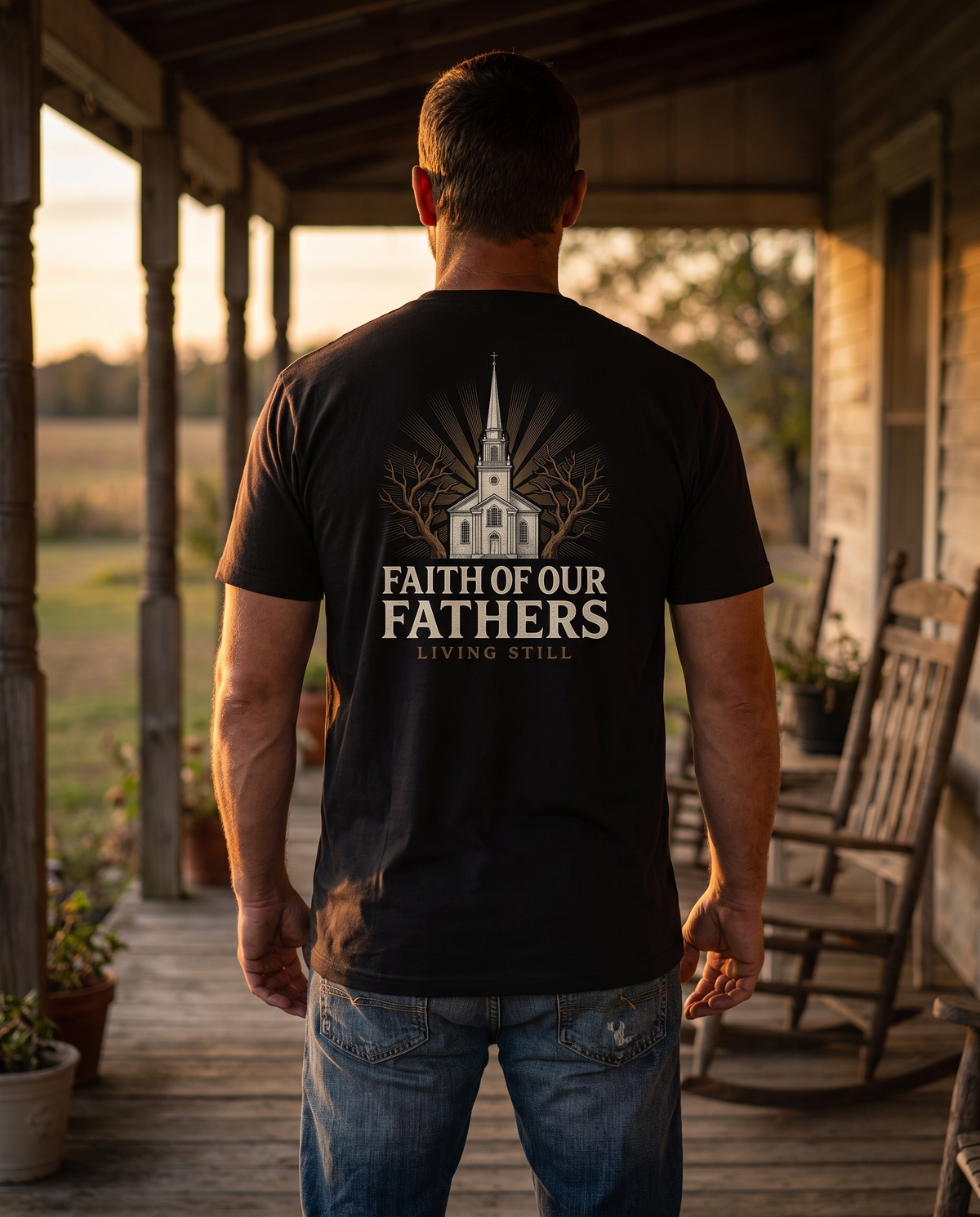 Man seen from behind wearing the tee: engraved steepled church between bare trees over FAITH OF OUR FATHERS, LIVING STILL