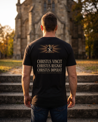 Man seen from behind wearing a tee with a crowned Chi-Rho over Christus Vincit, Regnat, Imperat back print &mdash; view 1