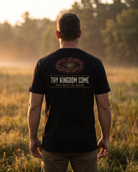 Man seen from behind wearing a tee with a crown of thorns and cross over Thy Kingdom Come, Thy Will Be Done back print &mdash; view 1
