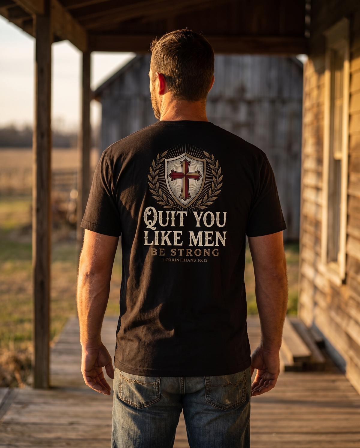 Man seen from behind wearing the tee: engraved shield with a red cross in a gold wreath over QUIT YOU LIKE MEN, BE STRONG