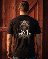 Man seen from behind wearing a tee with a radiant cross over a stone gate and Non Praevalebunt, Matthew 16:18 back print &mdash; view 1