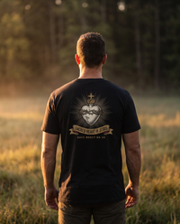 Man seen from behind wearing the Sacred Heart of Jesus shirt: engraved heart with thorns, flames and a cross amid rays &mdash; view 1