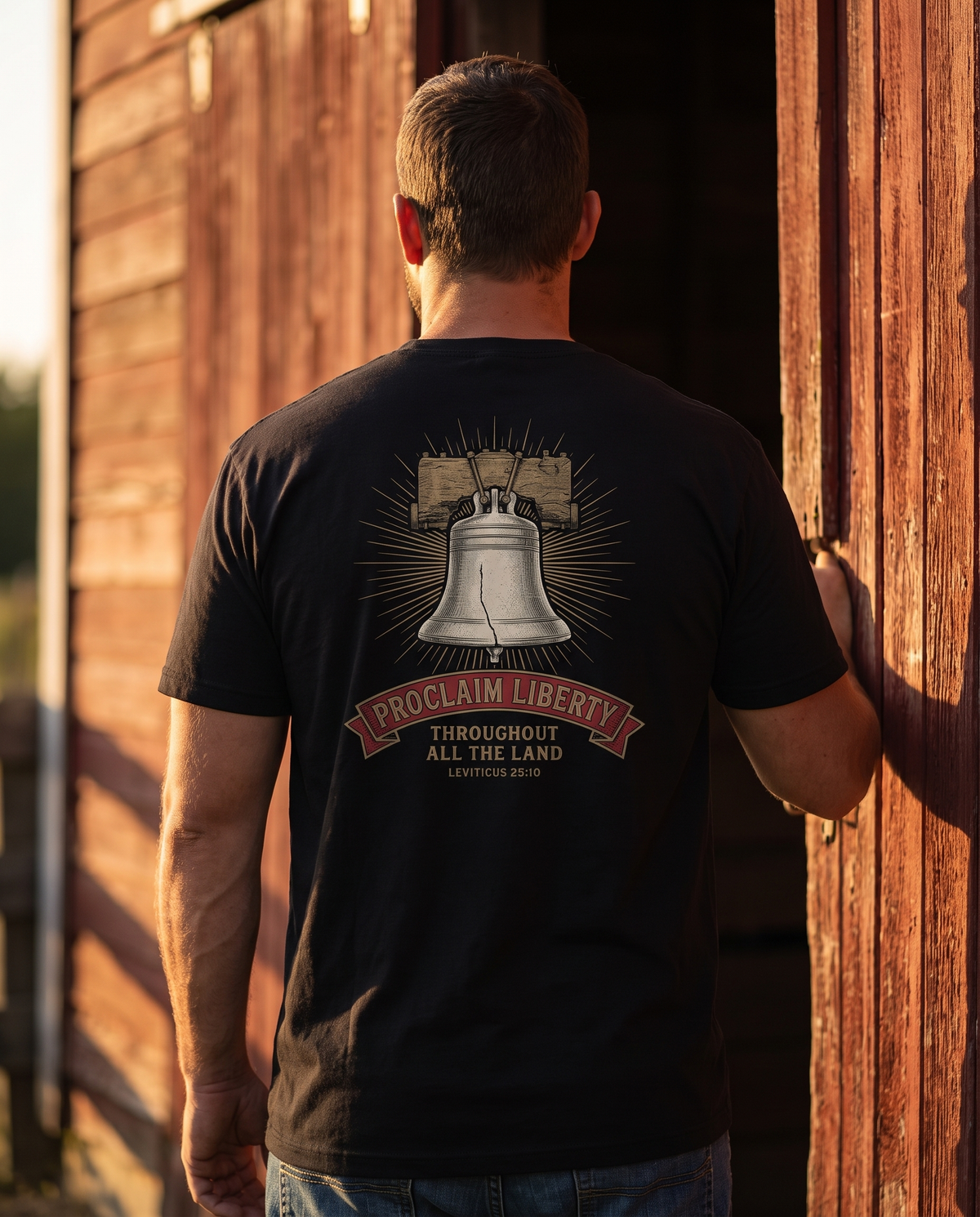 Man seen from behind wearing the tee: engraved Liberty Bell in gold rays over PROCLAIM LIBERTY, Leviticus 25:10