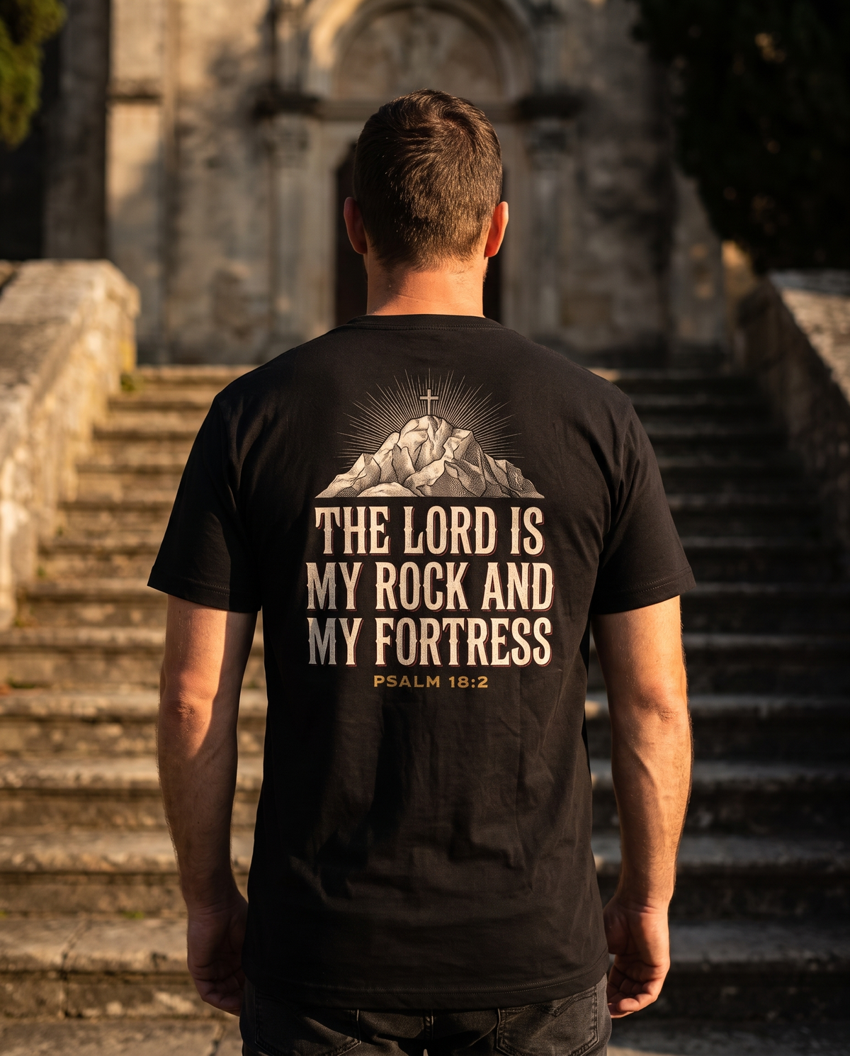 Man seen from behind wearing a tee with a mountain and cross over The Lord Is My Rock and My Fortress, Psalm 18:2 back print