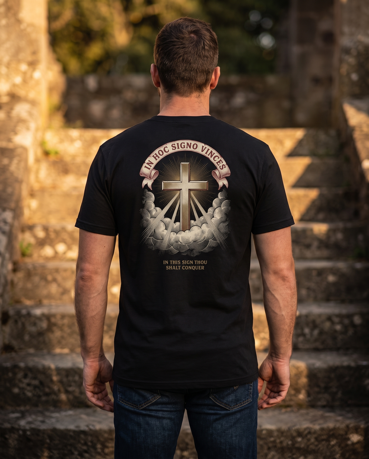 Man seen from behind wearing the In Hoc Signo Vinces shirt: radiant gold cross over clouds, Latin banner and English line