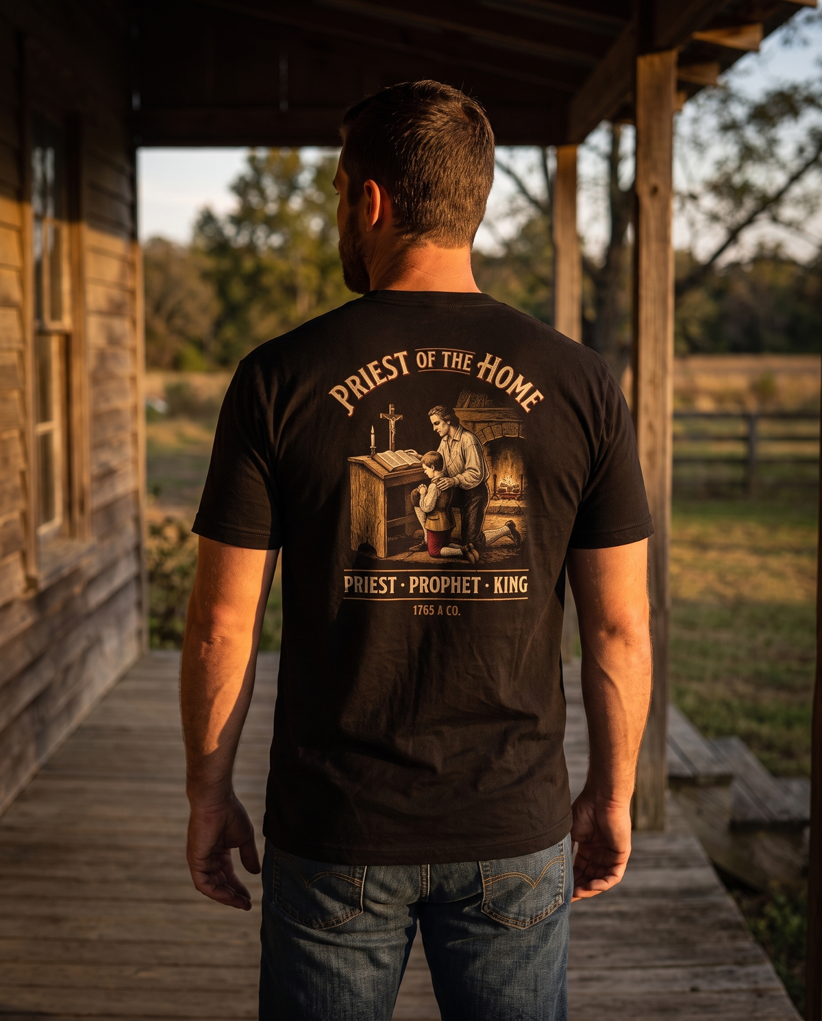 Man seen from behind wearing the tee: a father and son kneeling in prayer at a home altar, 'Priest of the Home'