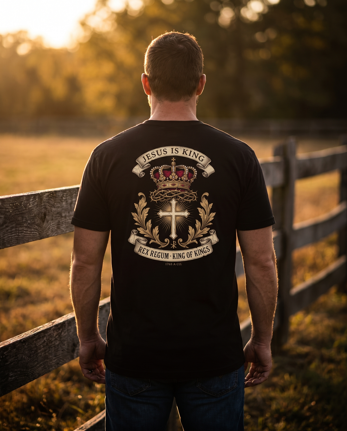 Man seen from behind wearing a Jesus Is King tee: royal crown over the crown of thorns, radiant cross, Rex Regum banner