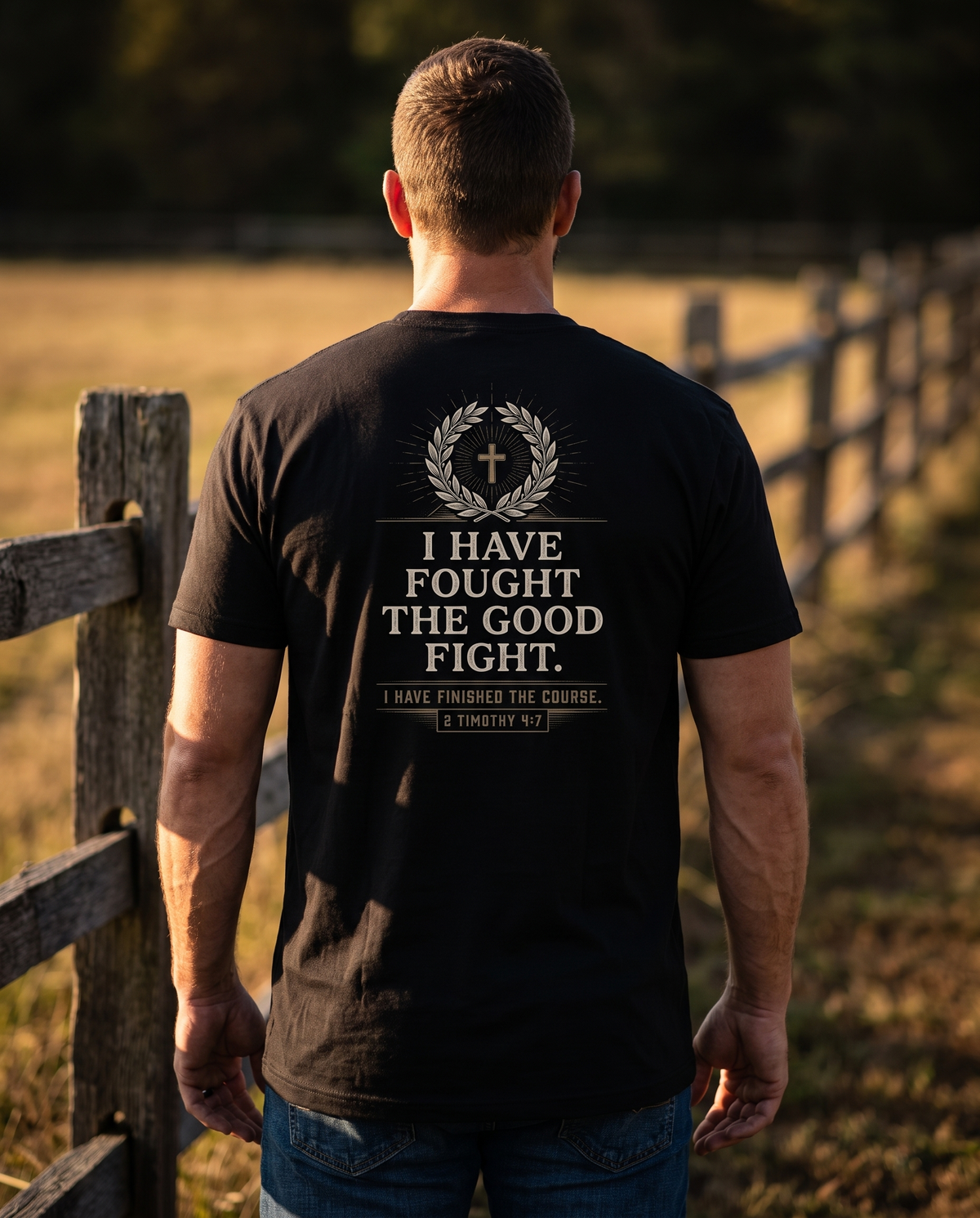 Man seen from behind wearing the tee: small gold cross in a wreath over I HAVE FOUGHT THE GOOD FIGHT, 2 Timothy 4:7