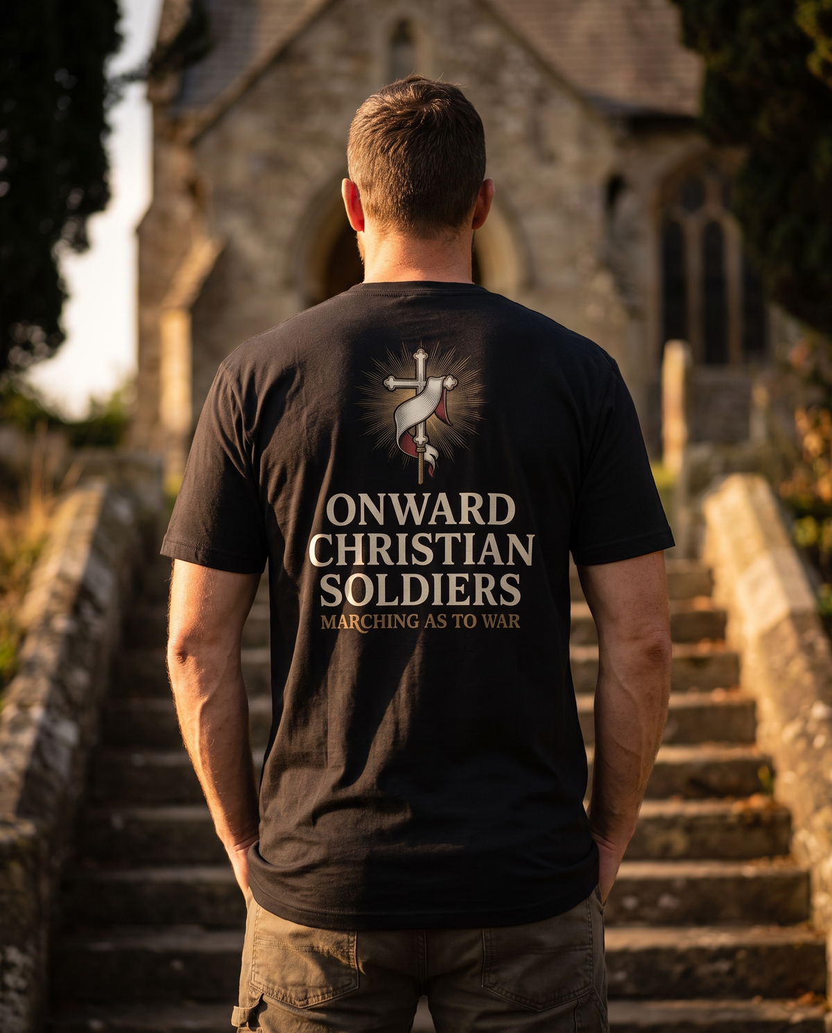 Man seen from behind in a 1765 Apparel tee; back print: processional cross with banner, Onward Christian Soldiers