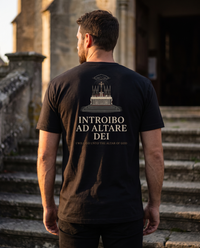 Man seen from behind in a 1765 Apparel tee; back print: engraved high altar with crucifix and candles, Introibo ad Altare Dei &mdash; view 1