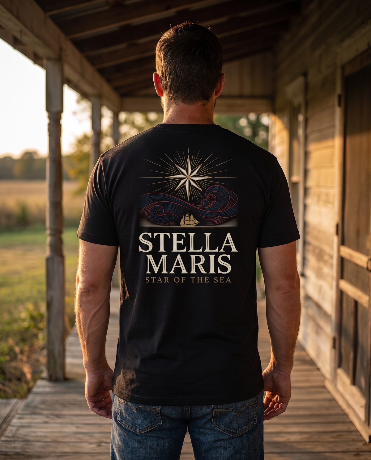 Man seen from behind in a 1765 Apparel tee; back print: an eight-pointed star over waves and a tall ship, Stella Maris