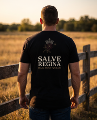 Man seen from behind in a tee whose back print shows a crown above a red rose and star over SALVE REGINA &mdash; view 1
