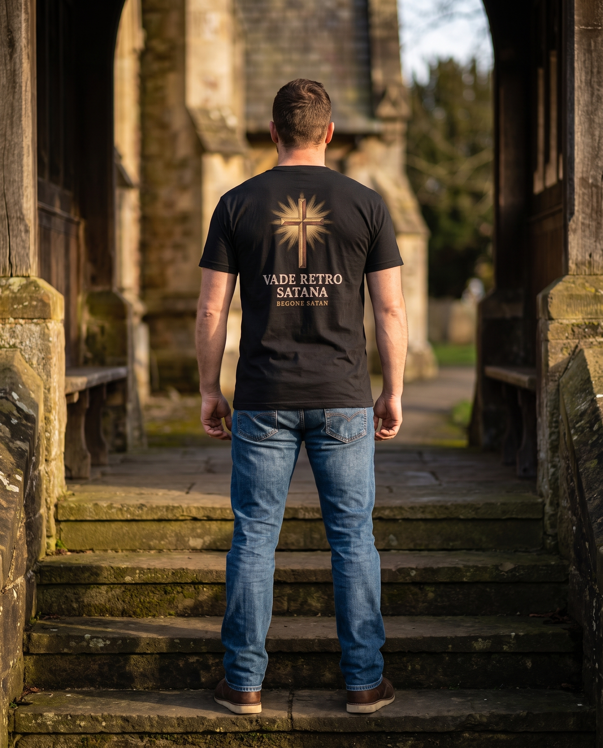 Man seen from behind in a tee whose back print shows an engraved cross in golden rays over VADE RETRO SATANA