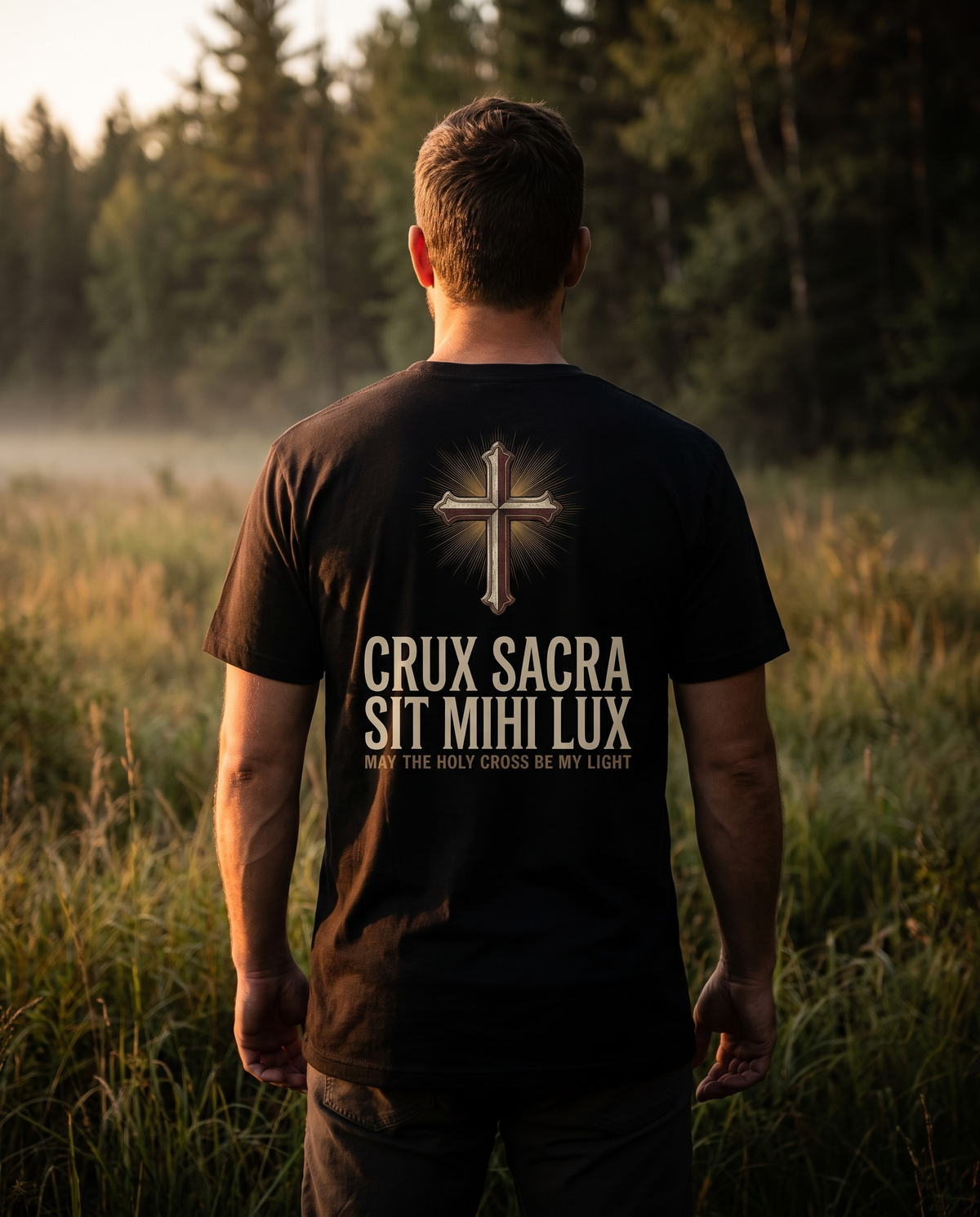 Man seen from behind in a tee whose back print shows an ornate radiant cross over CRUX SACRA SIT MIHI LUX