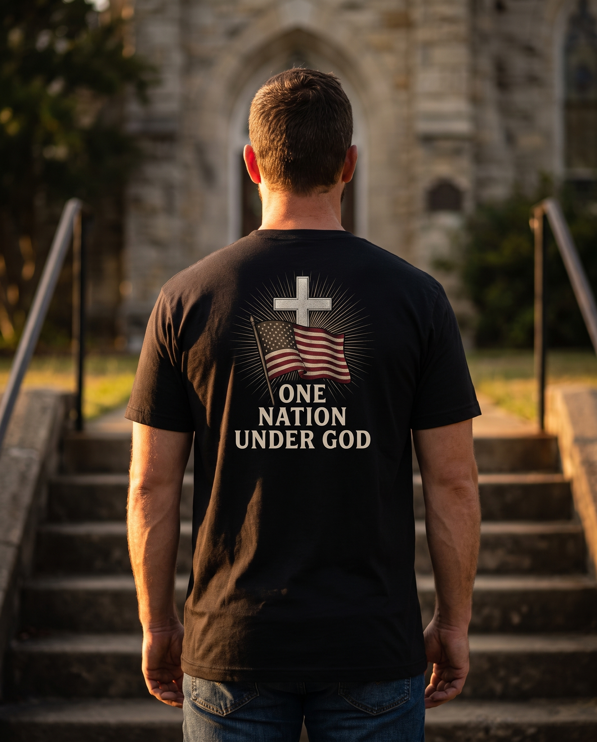 Man seen from behind wearing the One Nation Under God shirt: waving American flag beneath a radiant cross