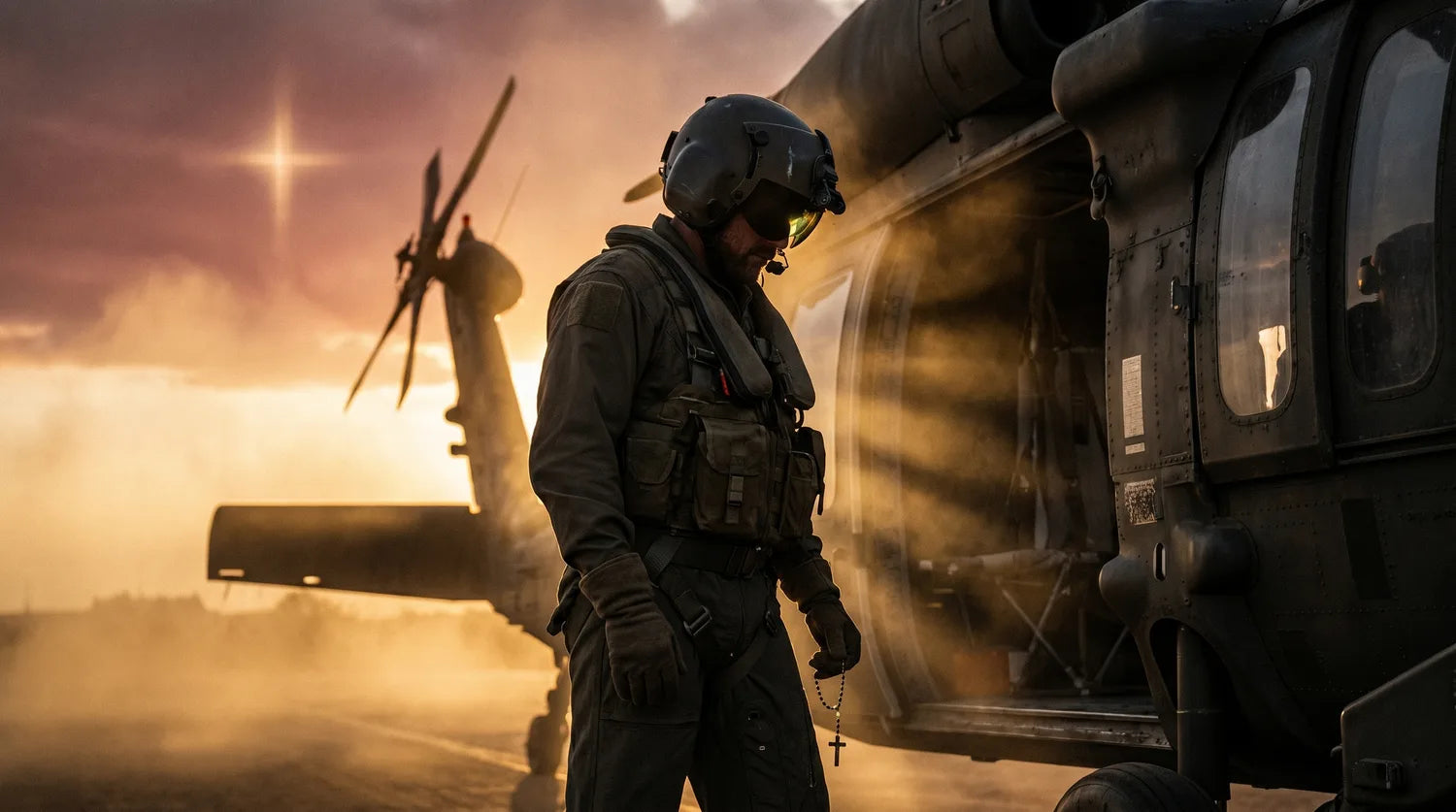 A UH-60 Blackhawk crew chief at golden hour, head bowed, a rosary in his hand